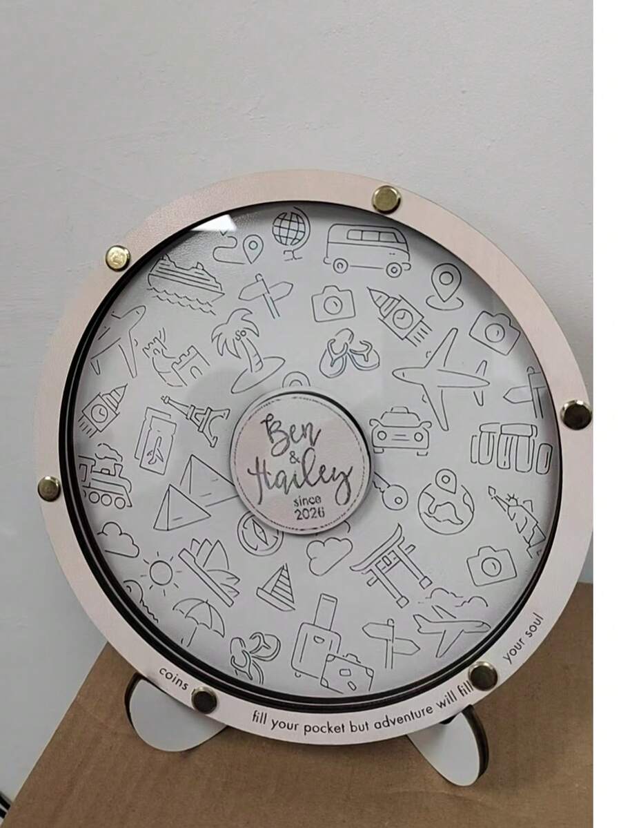 1 Peça Caixa de Armazenamento de Moedas de Madeira Personalizada - Presente Ideal para Entusiastas de Viagens, Cofrinho Redondo Grande, Design Único, Ótimo para Decoração Doméstica e Colecionar Memórias