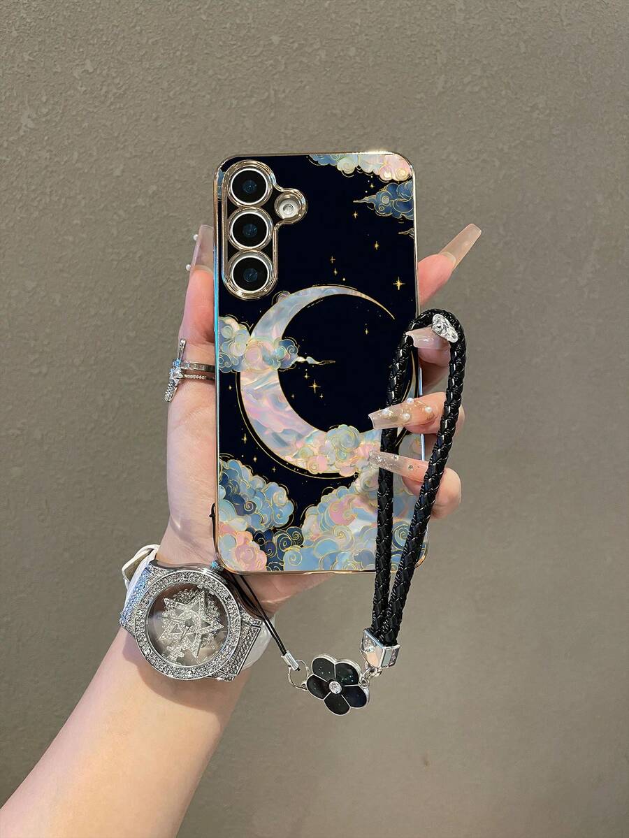 1pc Black Electroplated TPU Star & Moon Pattern Shockproof Full Coverage Phone Case And 1pc Black Drip Glue Rhinestone Flower Leather Wrist Strap Compatible With Samsung A14/A54/A56/A31 4G/A23, OPPO A98, S24/S25 Ultra, Redmi A5 13C 14C, Redmi Note 14 Pro 4G, Redmi Note 15 Pro, Redmi K60 Ultra - Multicolor - View 1