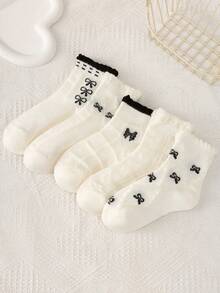 5 Pairs Of Children's Socks, Bow Diamond Checker Square Checker Pattern Girls Four Seasons Style Cute Casual Elegant Style Of Daily Travel To School Can Wear Children's Mid-Tube Socks. - Multicolor - View 13