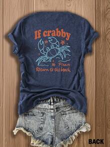 Double-Sided Printing, Ladies' T-Shirts, Ladies' -Blend T-Shirts, Independence Day, Gifts-Crabby Crab Print T-Shirt - Fun & Quirky Beach-Themed Design For Summer Outfits, Perfect For Vacation Wear And Coastal Lovers - 藏蓝色 - 查看 3