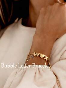 Customizable Name Bubble Letter Bracelet With Gift Box, Exquisite Personalized 3D Balloon Letter Heart Couple Bracelet, Stainless Steel Adjustable Square Bead Chain Simple Jewelry, Hip-Hop Style 3D Bubble 26 Uppercase Initial Cuban Link Bracelet - Gold-bubble Letters - View 7