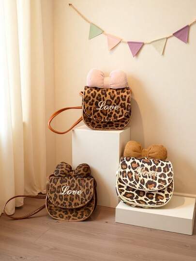 1pc Girls Leopard Print Bow PU Magnetic Closure Vintage Crossbody Bag, Suitable For Autumn/Winter Everyday Use