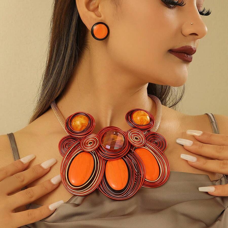 Exaggerated Multi-Layer Handmade Aluminum Wire Woven Resin Chain Bohemian European And American Middle Eastern European Korean Version Evening Party Holiday Women's Fashion Beautiful Retro Teardrop Necklace Earrings - Orange - View 1