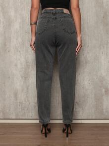 Women's Mom Jeans, 100% Denim, High Waist, On - Xám - Xem 4