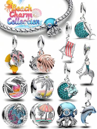  Manyilus 925纯银沙滩系列吊坠，珍珠贝壳海豚章鱼海龟棕榈树造型，适合DIY手链、项链、手镯，情人节、母亲节完美礼物