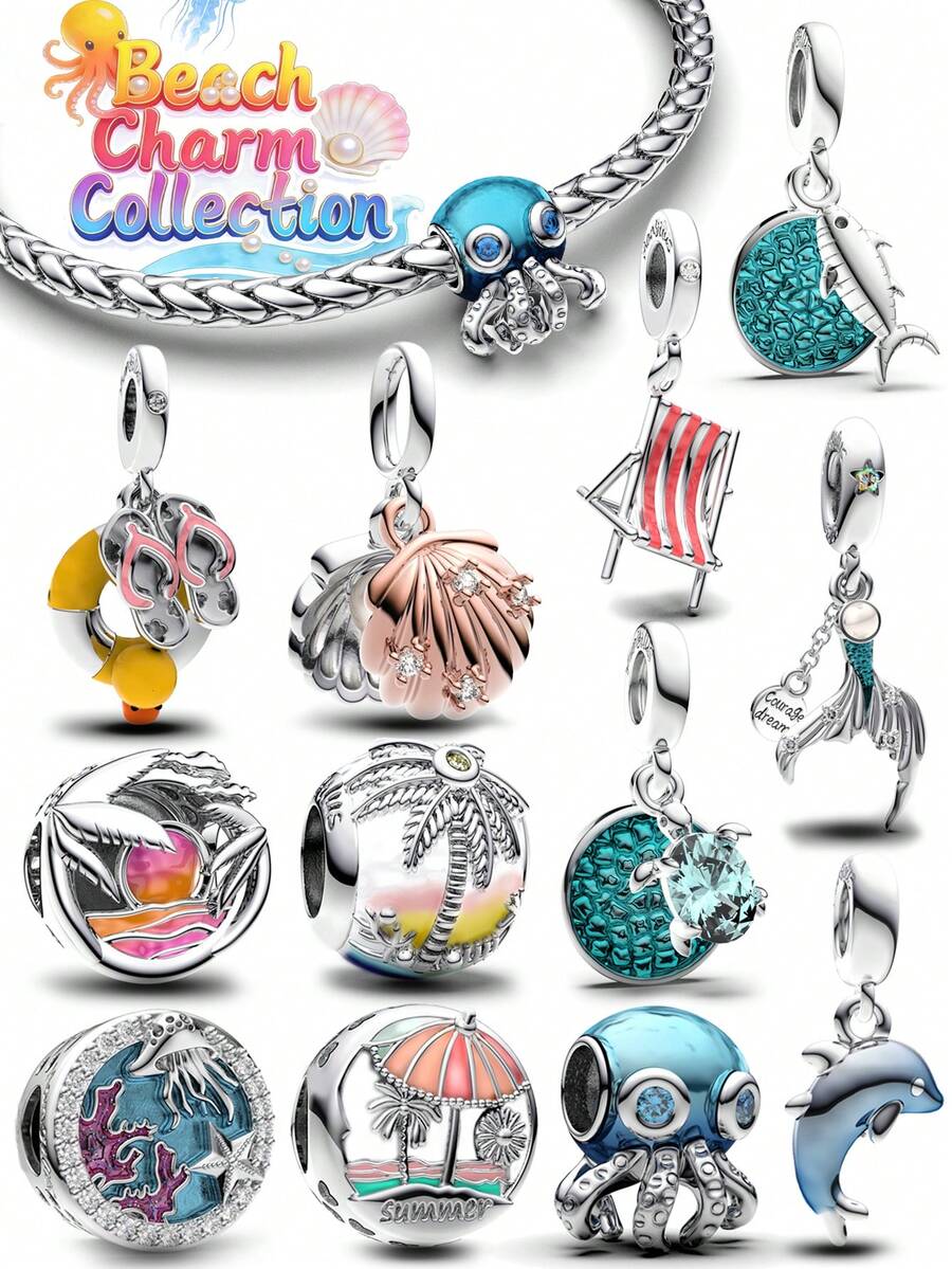 Manyilus 925纯银沙滩系列吊坠，珍珠贝壳海豚章鱼海龟棕榈树造型，适合DIY手链、项链、手镯，情人节、母亲节完美礼物