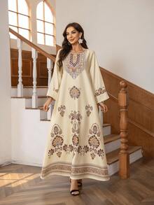 中东风格黄色缎面长袍，饰有大量珠饰的复古图案，宽松长袖，端庄典雅的服饰 - ZD027-黃 - 查看 1