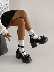 1 par de zapatos con plataforma, decoración de lazo y hebilla de cuero sintético, estilo JK, adecuados para todas las estaciones - Negro - Ver 7