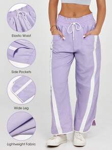 Imily Bela Women's Baggy Wide Leg Pants Casual Drawstring Elastic Waisted Contrast Color Workout Y2K Track Pants - Màu tím - Xem 2