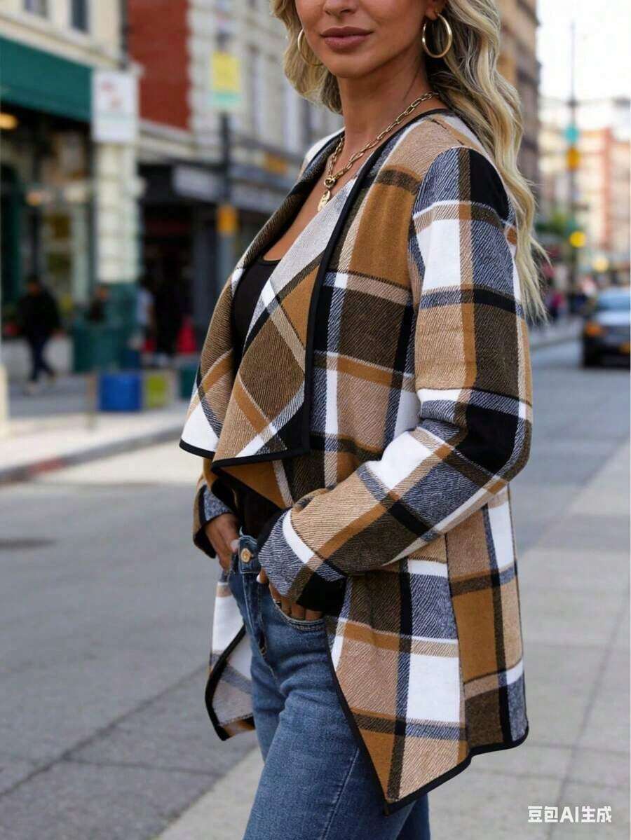 Women's Plaid Coat Autumn Long Sleeve Women's Fashion - Color Mixing - 查看 1