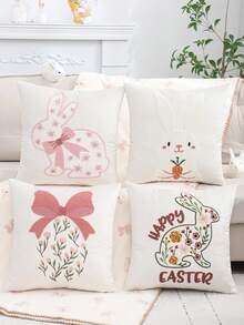 1件/2件装复活节装饰抱枕套，兔子刺绣毛绒面料，彩蛋、蝴蝶结、鲜花图案，适用于客厅、卧室、家居装饰，礼品 - 彩色 - 查看 2