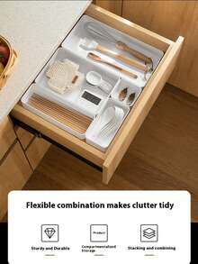 1pc White Plastic Storage Box, Drawer Organizer Set, Multi-Function Bathroom Vanity Drawer Organizer Tray, Cosmetic Storage Box, Bedroom, Kitchen Small Tools And Office Supplies Storage Box - White - View 9