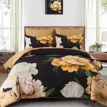 7 Piece Black Floral Comforter Set Full/Queen/King Size Bed In A Bag,Flowers Printed On Light Comforter Set With Sheets, Soft Microfiber Botanical Bedding Set For Wedding Items,Home Bed Room Decor,All Season Bedroom Decor - 黑色-1244 - 查看 7