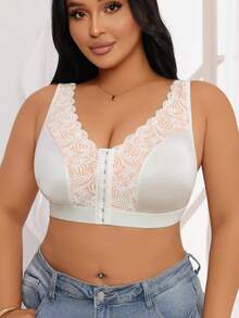 1 pieza Sujetador sin costuras con cierre delantero de encaje y sin aros, sujetador elástico sin espalda para mujeres de talla grande - Blanco - Ver 7
