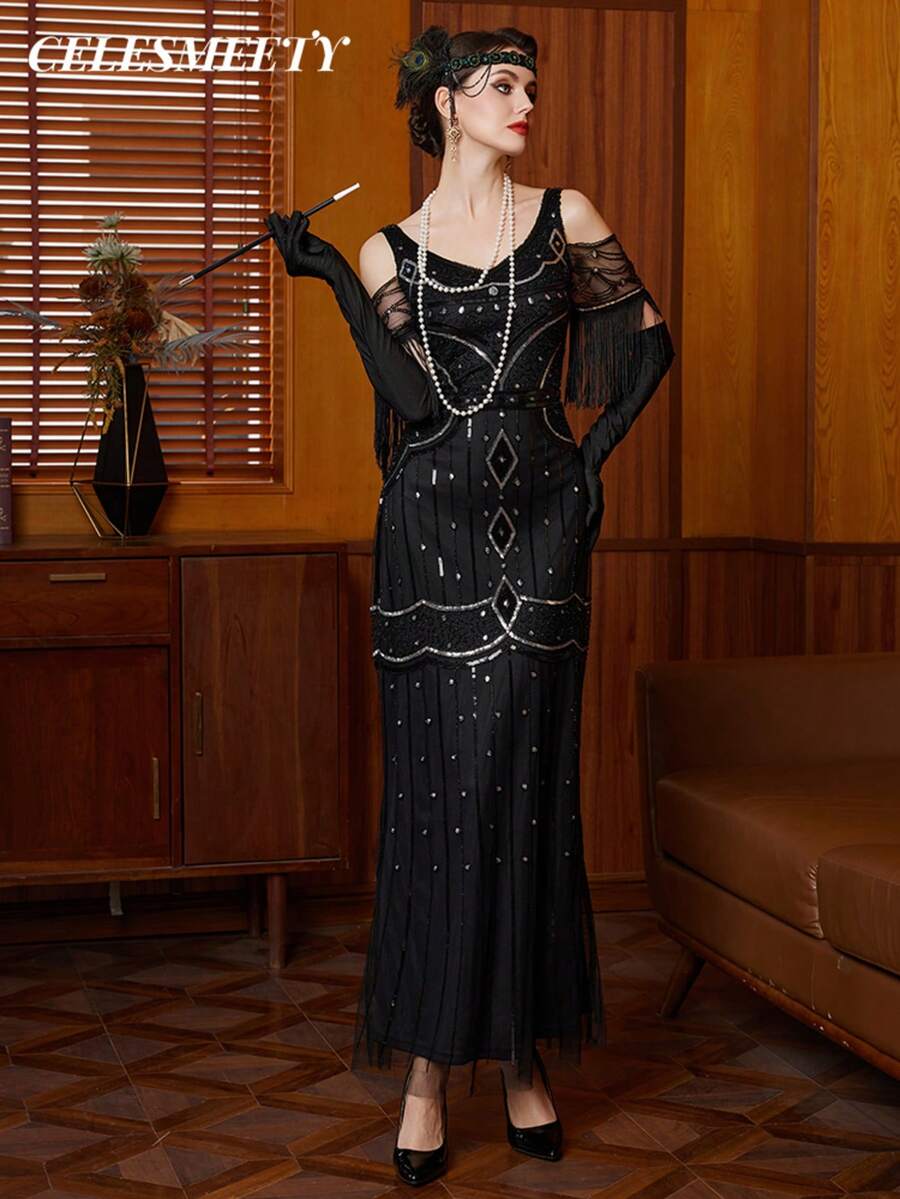 Đầm dạ hội dài tay ngắn cổ chữ V đính sequin và hạt cườm kiểu Jazz thập niên 1920, thích hợp cho tiệc tùng, đám cưới và các dịp khác, cỡ lớn dành cho nữ, thời trang toàn cầu. - màu đen - Xem 1
