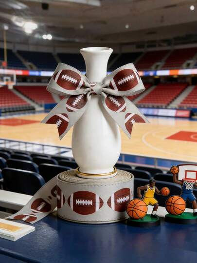 1 rullar fotbollstema presentband med trådkant, för gör-det-själv-pyssel, kransar och presentförpackningar, brunt och höstlövsdesign, sportboll trådkant hemkomstband naturlig inslagningsdekoration för presentinslagning