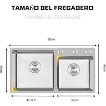 Fregadero de cocina de doble cubeta en acero inoxidable 304, con grifo de tres funciones con dispensador de jabón y lavavasos. Combina una gran durabilidad con un toque de estilo contemporáneo para tu cocina (80 * 45 * 21 cm). - 80*45*21 cm - Ver 7