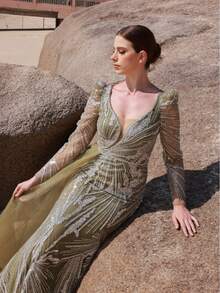 DELLA COUTURE Luxury Heavy-Embellished V-Neck Beaded Olive Green Mermaid Evening Gown With Unique Single-Side Mesh Design, Long Floor-Length Embellished Beaded Heavy-Embellished Evening Gown Ideal For Banquets, Proms, Parties, Weddings And Formal Occasions - Olive Green - View 10