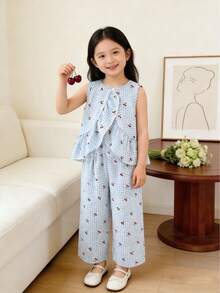 Girls' Blue Plaid Cherry 2 Pieces Set: Ruffle Trim Sleeveless Top + Wide Leg Pants, Children Sweet Casual Summer Outfit, Vacation Style - Multicolor - View 4