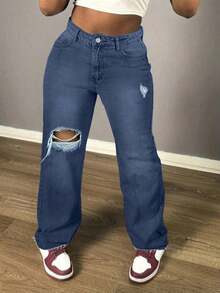 Women's Casual Loose Straight Leg Jeans, Paired With Distressed Decorations, Suitable For All Seasons, Suitable For Daily Outings, Parties, Back To School Season, Back To School Season, Rural Concerts,Winter Clothes For Women New Years Outfit Women Vacation Outfits Women Birthday Dresses For Women Y2k Pants Baggy Jeans Women - 深藍 - 查看 5