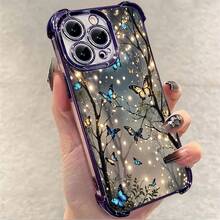 1pcs Blue and Yellow Butterfly Forest Design Phone Case Compatible with Apple Phone17ProMax 16 15 14Plus 11 12 13 ProMax Antidrop Phone Case Silicone Vintage Light Luxury Style Cute Elegant Can Be Given To Friends or Yourself - Morado - Ver 5