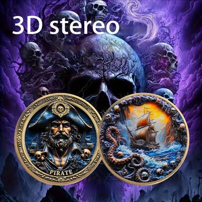 Kraken's Wrath Challenge Coin - Brave Pirate Vs Giant Sea Monster Adventure Scene 3D Commemorative Coin, Perfect Souvenir And Collectible For Proud Sailors, Pirate Memorabilia, Maritime Collection, Pirate Design, Nautical Decor, Pirate Coin, History Buff, Collector's Item