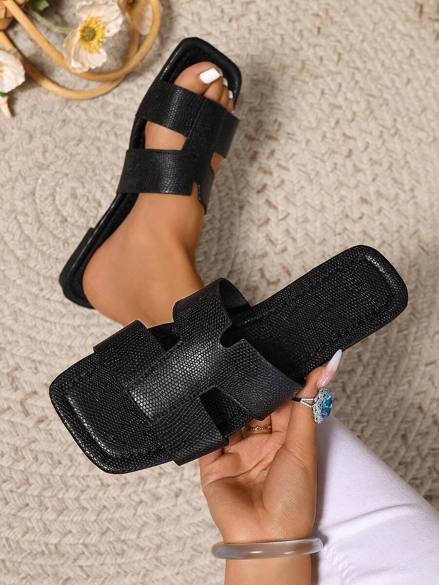 Ximi Ruo New Spring/Summer Fashion Casual Strap Slide Sandals, Comfortable Flat Heel Round Toe Beach Slippers, Versatile Slip-On Sandals For Women - Black - View 1