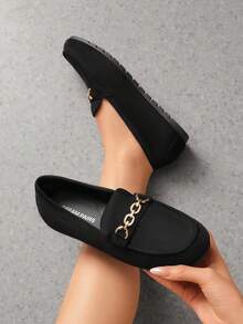 Women Suede Loafers Flats Slip On Lightweight Arch Support Work Shoes With Chic Metal Detail Comfortable Walking Casual Versatile Loafers - 黑色 - 查看 1