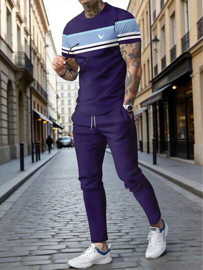 Men's Contrast Stripe Print Sporty Round Neck Short Sleeve Shorts Set