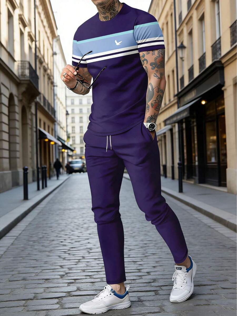 Men's Contrast Color Striped Print Sporty Round Neck Short Sleeve Top And Pants Set - Multicolor - View 1
