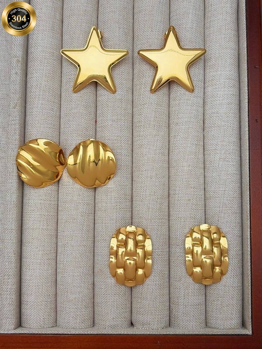 Cercei cu șurub din oțel inoxidabil, cu stea aurie, cercei vintage din metal în relief, cadou de ziua de naștere, cadou de sărbătoare pentru cea mai bună prietenă a ta, cercei cu șurub din oțel inoxidabil, bijuterii din oțel inoxidabil - Aur - Vizualizare 1