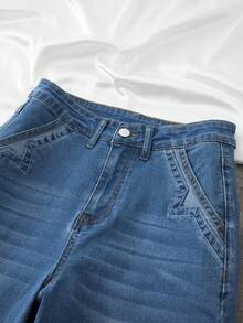 Women's Casual Denim Jeans (Waist Cinching And Hip Lifting - Small Size, Blue), Simple Style, Suitable For All Seasons, Loose Hem, Back Pocket Design, Suitable For Daily Wea - 藍色 - 查看 7