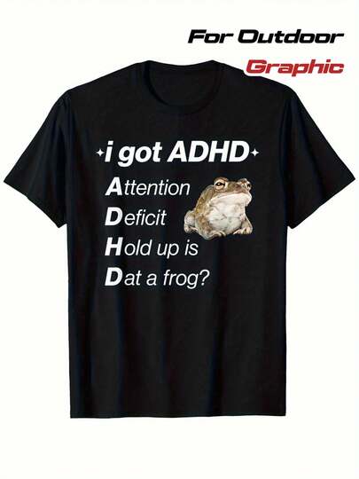 Men'S Funny ADHD Frog Graphic T-Shirt - Black Casual Round Neck Short Sleeve, Soft Polyester Blend, Perfect For Outdoor Sports & Entertainment, Ideal Gift, Allseason Tshirt|Playful Graphic Tee|Stretchable Fabric