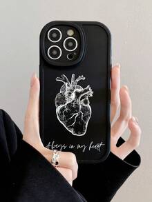 Valentine's Day Gift Anatomical Heart Phone Case, "Always In My Heart" Quote Cover, Dark Romantic Gothic Aesthetic Soft TPU Shockproof Shell, Camera Lens Protection, Compatible With IPhone Case & Galaxy Case - Black - View 2