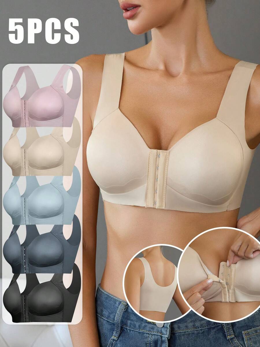 5-Piece Set Of Women's Bras, With Adjustable Front Snap Design, Providing Shaping And Firming Effect, Making The Breast Shape More Rounded And Upright. One-Piece Non-Detachable Padding, Which Doesn't Fall Out Of The Cups. Strong Elasticity, Comfortable Fit, Suitable For Daily Wear Bras. - Multicolor - View 1