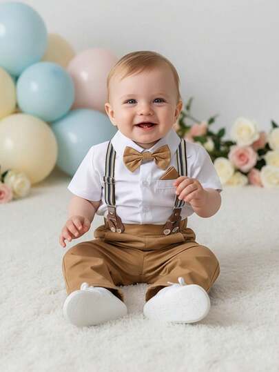 BOARNSEORL 2pcs Baby Boys Gentleman Outfit Set: Short Sleeve White Shirt With Bowknot And Overalls Pants, Casual & Comfortable For Daily Outings, Parties, Birthday Celebrations