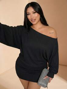 2pcs Plus Size Women's Asymmetric Neckline Asymmetrical Shoulder Long Sleeve Top And Bodycon Mini Skirt Set - Black - View 8
