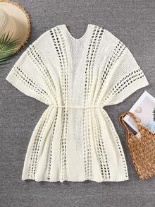 女士纯色镂空罗纹打孔沙滩居家度假大码短袖透明长袖休闲纽扣衬衫【返校季】 - 白色 - 查看 2