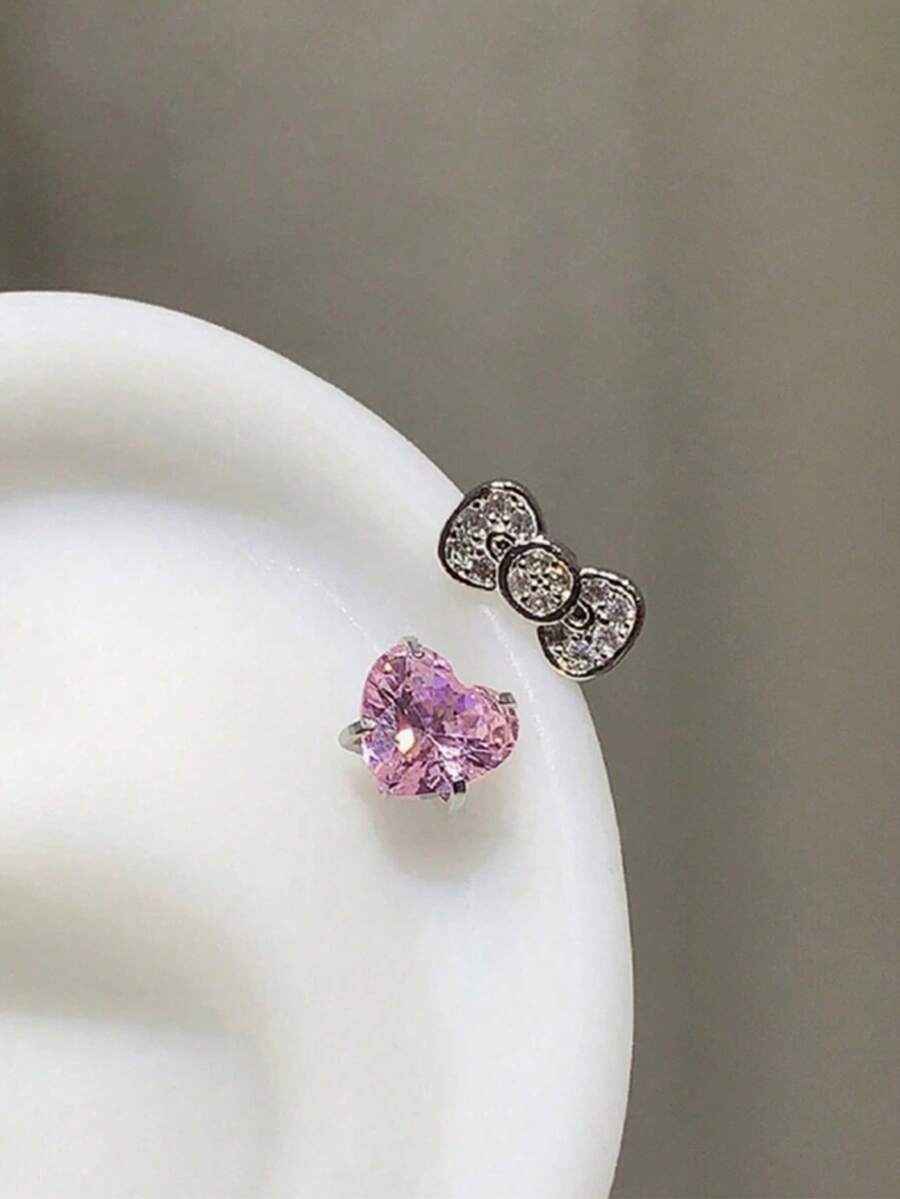 Cute Bowknot Heart 316L Stainless Steel Annular Ear Bone Nail Fashion Delicate Zirconia Earring For Girl Y2K Punk Jewelry - Multicolor - View 1