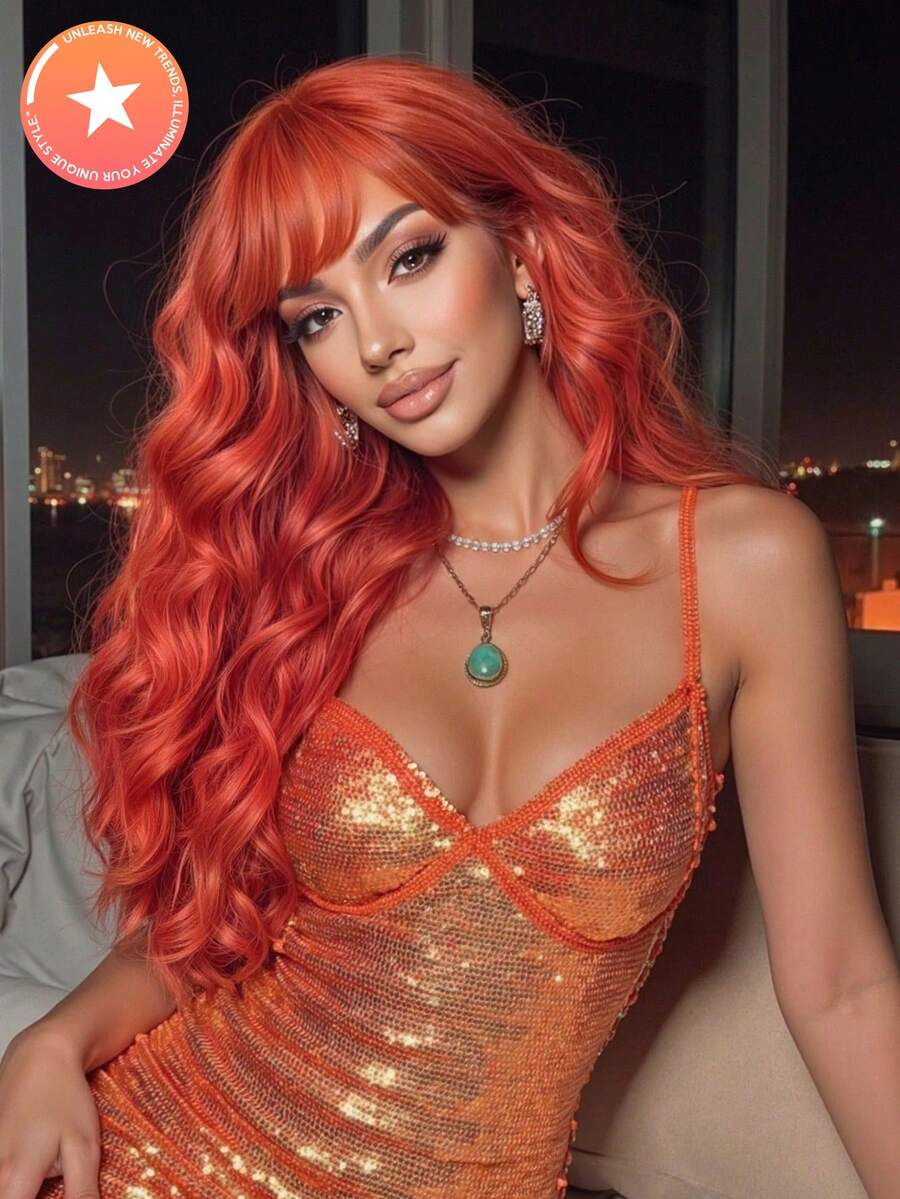 Tóc giả dài 26 inch màu cam cháy, xoăn nhẹ, có mái, được làm từ chất liệu sợi mờ chịu nhiệt cao, kèm mũ lưới hoa hồng, vẻ ngoài tự nhiên, thoải mái và thoáng khí khi đội, nhẹ, phù hợp cho các lễ hội âm nhạc và sử dụng hàng ngày. - Màu Cam cháy - Xem 1