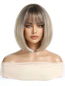 12 Inch Short Straight Hair Golden Wig,150% Density Lightweight Breathable Synthetic Hair Wig With Bangs ,Straight Light Brown Rose Net Cap For Women, Natural Look For Music Festivals, Elegant Bob Wig For WomenParties & Casual Attire - Unique Gift Idea,Short Straight Synthetic Hair With Side Part - Gold - View 3