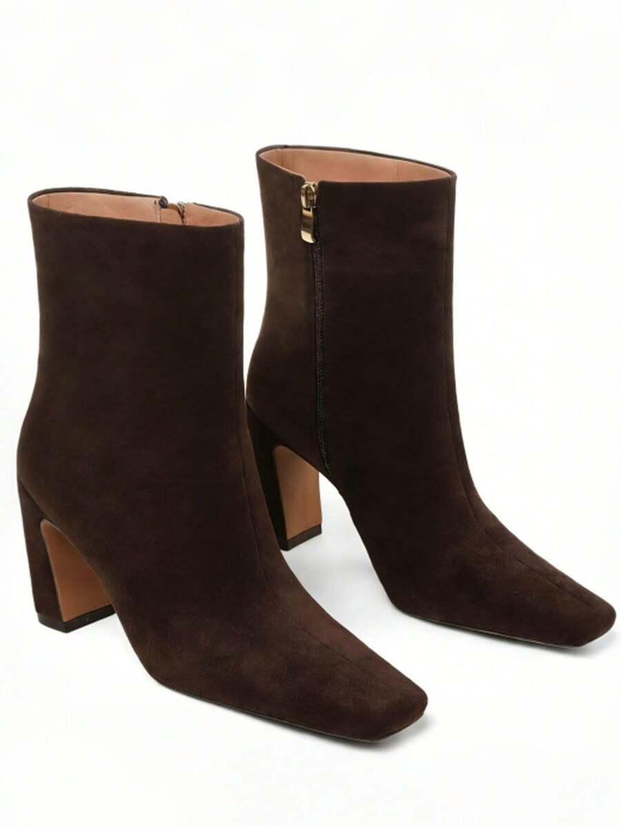 Women's Chunky High Heel Ankle Boots Pointed Toe Side Zipper Fashion Chelsea Boots Faux Suede Short Booties For Office Lady - 巧克力絨面革 - 查看 1