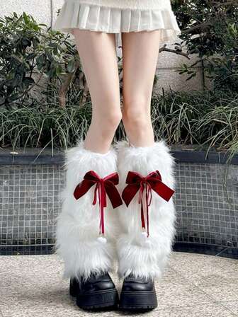 1 Pair White Fluffy Leg Warmers With Y2K Pom Poms, Warm Leg Sleeves With Red Bow, Japanese Style For Autumn/Winter