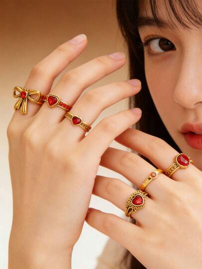 8pcs Classic Retro Palace Style Love Bow Set Ring Suitable For Holiday Gifts, Daily Wear, Mother's Day, Valentine's Day Gifts, Great Gift Set Jewelry