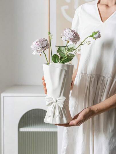 1개 보헤미안 농가 린넨 스타일의 세라믹 스타일 플라스틱 꽃병, 질감 있는 표면, 결혼식 집들이 선물용 홈 데코 센터피스, 유니섹스 소박한 탁상 장식