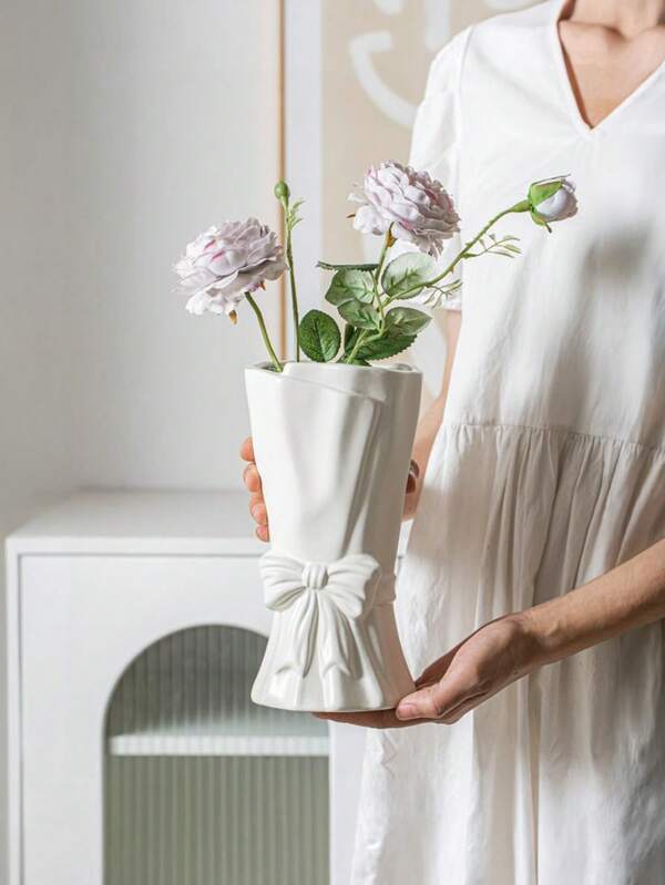 1PC Boho Farmhouse Linen-Inspired Ceramic-Like Plastic Vase With Textured Surface, Home Decor Centerpiece For Wedding Housewarming Gift, Unisex Rustic Tabletop Decoration