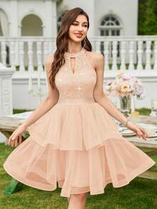 MIUSOL Sequin Floral Lace Halter Neck Ruffle Layered Hem Mesh Ballgown Skirt, Summer Women's Dress, Wedding Guest Outfit, Suitable For Vacation, Birthday Party, Graduation Ceremony And Other Occasions - Champagne - View 2