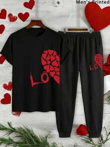 2pcs Men Casual Street Style Heart Print T-Shirt And Sweatpants Set, Spring/Summer - Multicolor - View 4