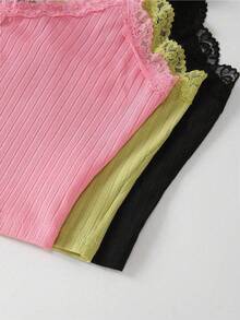 1 Piece Women's Pink Ribbed Lace Trim Sleepwear Set: Sleeveless Camisole & Shorts Loungewear, Adjustable Strap Feminine Sleep Set With Elastic Waist Drawstring Bottoms, Soft Breathable Ribbed Fabric For Daily Home Wear, Brunch Dates, Weekend Getaways, Coffee Gatherings, Nighttime Relaxation, Gift Exchanges & Gifting To Style-Conscious Females, Homebody Enthusiasts, Travelers, Casual Outfit Lovers Who Cherish Comfortable Feminine Sleep Sets That Blend Lace Accents & All-Day Versatility - 粉色 - 查看 7