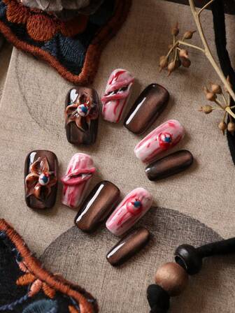 10 st akryl press-on naglar brun röd blomma blodig ögonglob röda läppar lösnaglar konstnaglar kit innehåller 1 ark självhäftande flikar och 1 st minifil